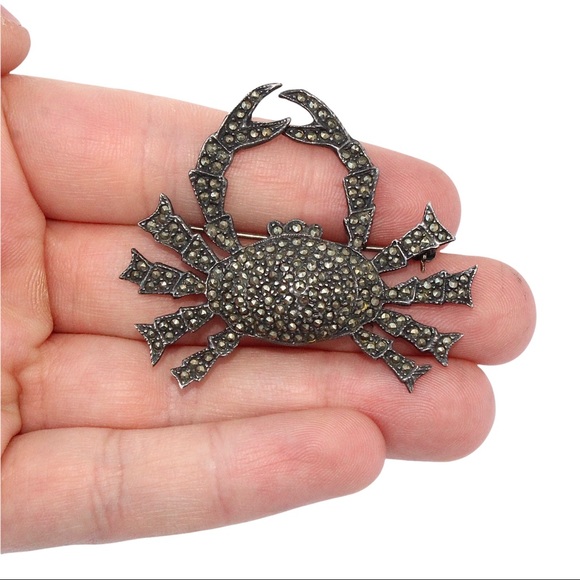Vintage Marcasite Sterling Silver Crab Brooch Large Figural Cancer Zodiac Estate - Picture 3 of 5